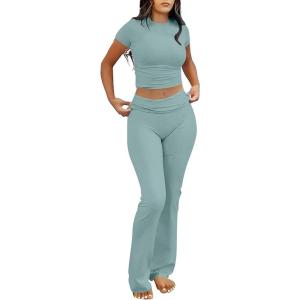 ANRABESS Lounge Sets for Women 2 Piece Foldover Yoga Flare Leggings Pants Crop Tops Casual Y2K Outfits Matching Tracksuit Set(Lake Green)