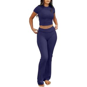 ANRABESS Lounge Sets for Women 2 Piece Foldover Yoga Flare Leggings Pants Crop Tops Casual Y2K Outfits Matching Tracksuit Set(Navy Blue)