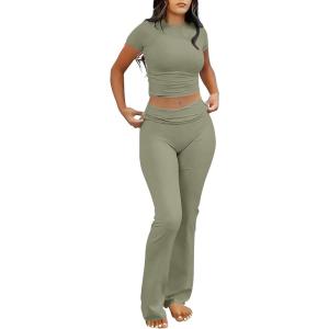 ANRABESS Lounge Sets for Women 2 Piece Foldover Yoga Flare Leggings Pants Crop Tops Casual Y2K Outfits Matching Tracksuit Set(Olive)