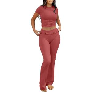 ANRABESS Lounge Sets for Women 2 Piece Foldover Yoga Flare Leggings Pants Crop Tops Casual Y2K Outfits Matching Tracksuit Set(Peach)