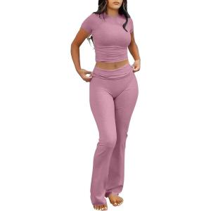 ANRABESS Lounge Sets for Women 2 Piece Foldover Yoga Flare Leggings Pants Crop Tops Casual Y2K Outfits Matching Tracksuit Set(Pink)