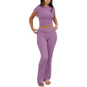 ANRABESS Lounge Sets for Women 2 Piece Foldover Yoga Flare Leggings Pants Crop Tops Casual Y2K Outfits Matching Tracksuit Set(Purple)