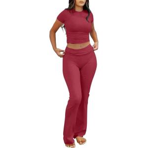 ANRABESS Lounge Sets for Women 2 Piece Foldover Yoga Flare Leggings Pants Crop Tops Casual Y2K Outfits Matching Tracksuit Set(Red)