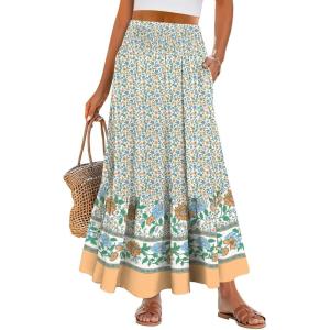 ANRABESS Maxi Skirts for Women 2025 Summer Boho Long Flowy Floral Elastic High Waist Skirt Casual Travel Skirt with Pockets(Blue Floral)