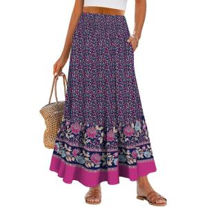 ANRABESS Maxi Skirts for Women 2025 Summer Boho Long Flowy Floral Elastic High Waist Skirt Casual Travel Skirt with Pockets(Deep Purple Floral)