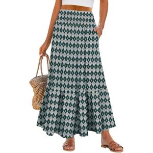 ANRABESS Maxi Skirts for Women 2025 Summer Boho Long Flowy Floral Elastic High Waist Skirt Casual Travel Skirt with Pockets(Floral Dark Green)