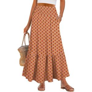 ANRABESS Maxi Skirts for Women 2025 Summer Boho Long Flowy Floral Elastic High Waist Skirt Casual Travel Skirt with Pockets(Orange)