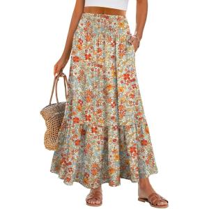 ANRABESS Maxi Skirts for Women 2025 Summer Boho Long Flowy Floral Elastic High Waist Skirt Casual Travel Skirt with Pockets(Orange Red Floral)