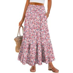 ANRABESS Maxi Skirts for Women 2025 Summer Boho Long Flowy Floral Elastic High Waist Skirt Casual Travel Skirt with Pockets(Pink Floral)