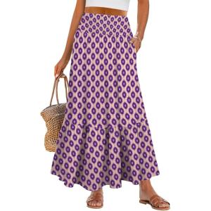 ANRABESS Maxi Skirts for Women 2025 Summer Boho Long Flowy Floral Elastic High Waist Skirt Casual Travel Skirt with Pockets(Purple Floral)