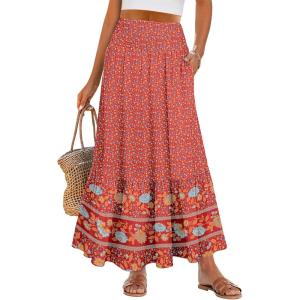 ANRABESS Maxi Skirts for Women 2025 Summer Boho Long Flowy Floral Elastic High Waist Skirt Casual Travel Skirt with Pockets(Red Blue Floral)