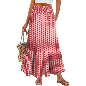 ANRABESS Maxi Skirts for Women 2025 Summer Boho Long Flowy Floral Elastic High Waist Skirt Casual Travel Skirt with Pockets(Red Floral)
