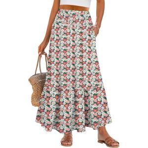 ANRABESS Maxi Skirts for Women 2025 Summer Boho Long Flowy Floral Elastic High Waist Skirt Casual Travel Skirt with Pockets(White Pink Floral)