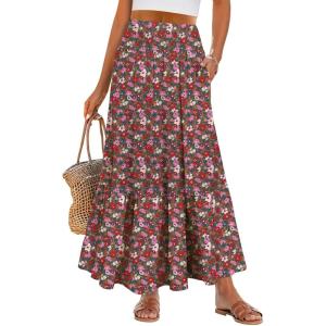 ANRABESS Maxi Skirts for Women 2025 Summer Boho Long Flowy Floral Elastic High Waist Skirt Casual Travel Skirt with Pockets(White Red Floral)