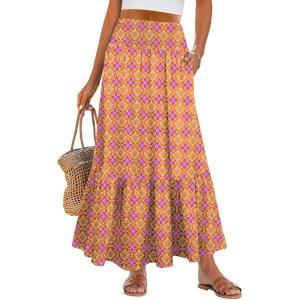 ANRABESS Maxi Skirts for Women 2025 Summer Boho Long Flowy Floral Elastic High Waist Skirt Casual Travel Skirt with Pockets(Yellow Purple Floral)