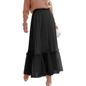 ANRABESS Maxi Skirts for Women Tulle Long Tiered Elastic High Waisted A Line Flowy Dressy Casual Skirt 2025 Fall Trendy(Black)