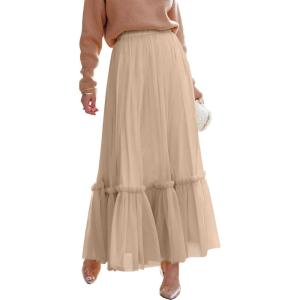 ANRABESS Maxi Skirts for Women Tulle Long Tiered Elastic High Waisted A Line Flowy Dressy Casual Skirt 2025 Fall Trendy(Light Tan)