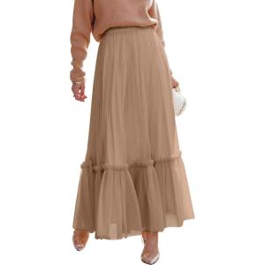 ANRABESS Maxi Skirts for Women Tulle Long Tiered Elastic High Waisted A Line Flowy Dressy Casual Skirt 2025 Fall Trendy(Nutmeg)