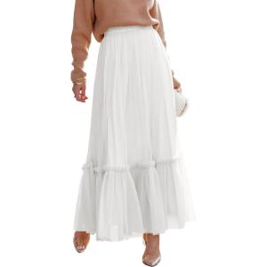 ANRABESS Maxi Skirts for Women Tulle Long Tiered Elastic High Waisted A Line Flowy Dressy Casual Skirt 2025 Fall Trendy(White)