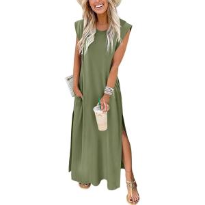 ANRABESS Summer Dress for Women 2025 Maxi Sundresses Casual Cap Sleeve Crew Neck Loose Split Beach Travel Vacation Outfits(Army Green)