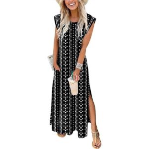 ANRABESS Summer Dress for Women 2025 Maxi Sundresses Casual Cap Sleeve Crew Neck Loose Split Beach Travel Vacation Outfits(Boho Black)