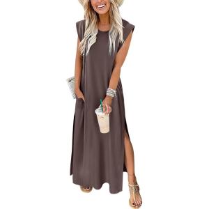 ANRABESS Summer Dress for Women 2025 Maxi Sundresses Casual Cap Sleeve Crew Neck Loose Split Beach Travel Vacation Outfits(Coffee)