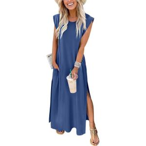ANRABESS Summer Dress for Women 2025 Maxi Sundresses Casual Cap Sleeve Crew Neck Loose Split Beach Travel Vacation Outfits(Dark Blue)