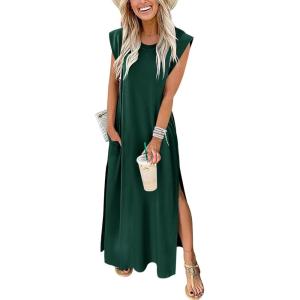 ANRABESS Summer Dress for Women 2025 Maxi Sundresses Casual Cap Sleeve Crew Neck Loose Split Beach Travel Vacation Outfits(Deep Green)
