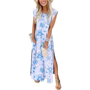 ANRABESS Summer Dress for Women 2025 Maxi Sundresses Casual Cap Sleeve Crew Neck Loose Split Beach Travel Vacation Outfits(Floral Blue)