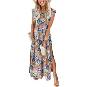 ANRABESS Summer Dress for Women 2025 Maxi Sundresses Casual Cap Sleeve Crew Neck Loose Split Beach Travel Vacation Outfits(Floral Blue Orange Pink)