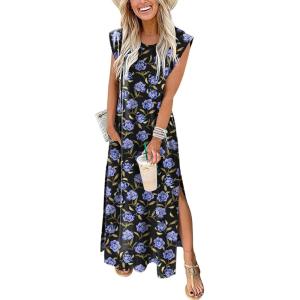 ANRABESS Summer Dress for Women 2025 Maxi Sundresses Casual Cap Sleeve Crew Neck Loose Split Beach Travel Vacation Outfits(Floral Blue Roses)
