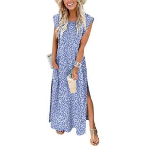 ANRABESS Summer Dress for Women 2025 Maxi Sundresses Casual Cap Sleeve Crew Neck Loose Split Beach Travel Vacation Outfits(Floral Blue White)