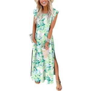 ANRABESS Summer Dress for Women 2025 Maxi Sundresses Casual Cap Sleeve Crew Neck Loose Split Beach Travel Vacation Outfits(Floral Green)