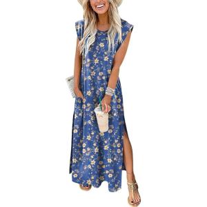 ANRABESS Summer Dress for Women 2025 Maxi Sundresses Casual Cap Sleeve Crew Neck Loose Split Beach Travel Vacation Outfits(Floral Light Blue)