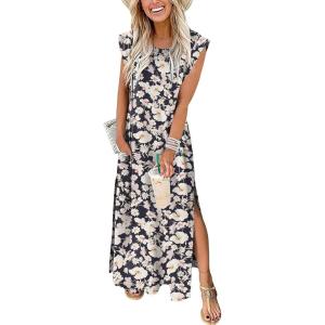 ANRABESS Summer Dress for Women 2025 Maxi Sundresses Casual Cap Sleeve Crew Neck Loose Split Beach Travel Vacation Outfits(Floral Navy)