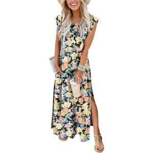 ANRABESS Summer Dress for Women 2025 Maxi Sundresses Casual Cap Sleeve Crew Neck Loose Split Beach Travel Vacation Outfits(Floral Orange Yellow)