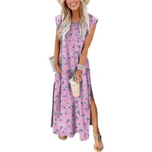 ANRABESS Summer Dress for Women 2025 Maxi Sundresses Casual Cap Sleeve Crew Neck Loose Split Beach Travel Vacation Outfits(Floral Purple Pink)