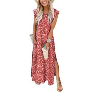 ANRABESS Summer Dress for Women 2025 Maxi Sundresses Casual Cap Sleeve Crew Neck Loose Split Beach Travel Vacation Outfits(Floral Red)