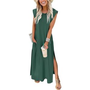 ANRABESS Summer Dress for Women 2025 Maxi Sundresses Casual Cap Sleeve Crew Neck Loose Split Beach Travel Vacation Outfits(Forest Green)