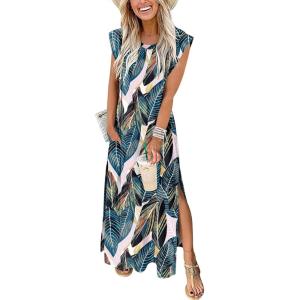 ANRABESS Summer Dress for Women 2025 Maxi Sundresses Casual Cap Sleeve Crew Neck Loose Split Beach Travel Vacation Outfits(Leaf Printed)