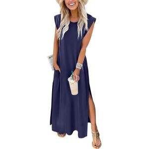 ANRABESS Summer Dress for Women 2025 Maxi Sundresses Casual Cap Sleeve Crew Neck Loose Split Beach Travel Vacation Outfits(Navy Blue)