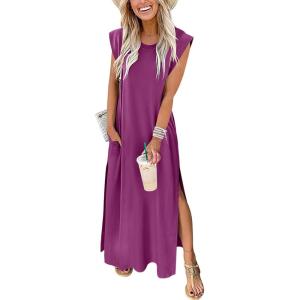ANRABESS Summer Dress for Women 2025 Maxi Sundresses Casual Cap Sleeve Crew Neck Loose Split Beach Travel Vacation Outfits(Purple Red)