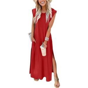 ANRABESS Summer Dress for Women 2025 Maxi Sundresses Casual Cap Sleeve Crew Neck Loose Split Beach Travel Vacation Outfits(Red)