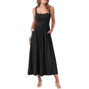 ANRABESS Sundresses for Women 2025 Summer Casual Sleeveless Square Neck Smocked Flowy Beach Vacation Midi Dress with Pockets(Black)