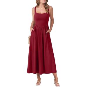 ANRABESS Sundresses for Women 2025 Summer Casual Sleeveless Square Neck Smocked Flowy Beach Vacation Midi Dress with Pockets(Burgundy)