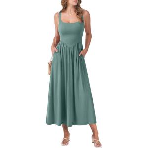 ANRABESS Sundresses for Women 2025 Summer Casual Sleeveless Square Neck Smocked Flowy Beach Vacation Midi Dress with Pockets(Green)