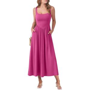 ANRABESS Sundresses for Women 2025 Summer Casual Sleeveless Square Neck Smocked Flowy Beach Vacation Midi Dress with Pockets(Hot Pink)
