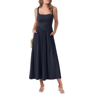 ANRABESS Sundresses for Women 2025 Summer Casual Sleeveless Square Neck Smocked Flowy Beach Vacation Midi Dress with Pockets(Navy Blue)
