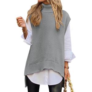 ANRABESS Sweater Vest Women Turtleneck Sleeveless Loose Fit Pullover Knit Spilt Tank Tops 2025 Casual Trendy Fall Outfits(Grey)