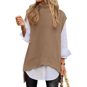 ANRABESS Sweater Vest Women Turtleneck Sleeveless Loose Fit Pullover Knit Spilt Tank Tops 2025 Casual Trendy Fall Outfits(Light Camel)